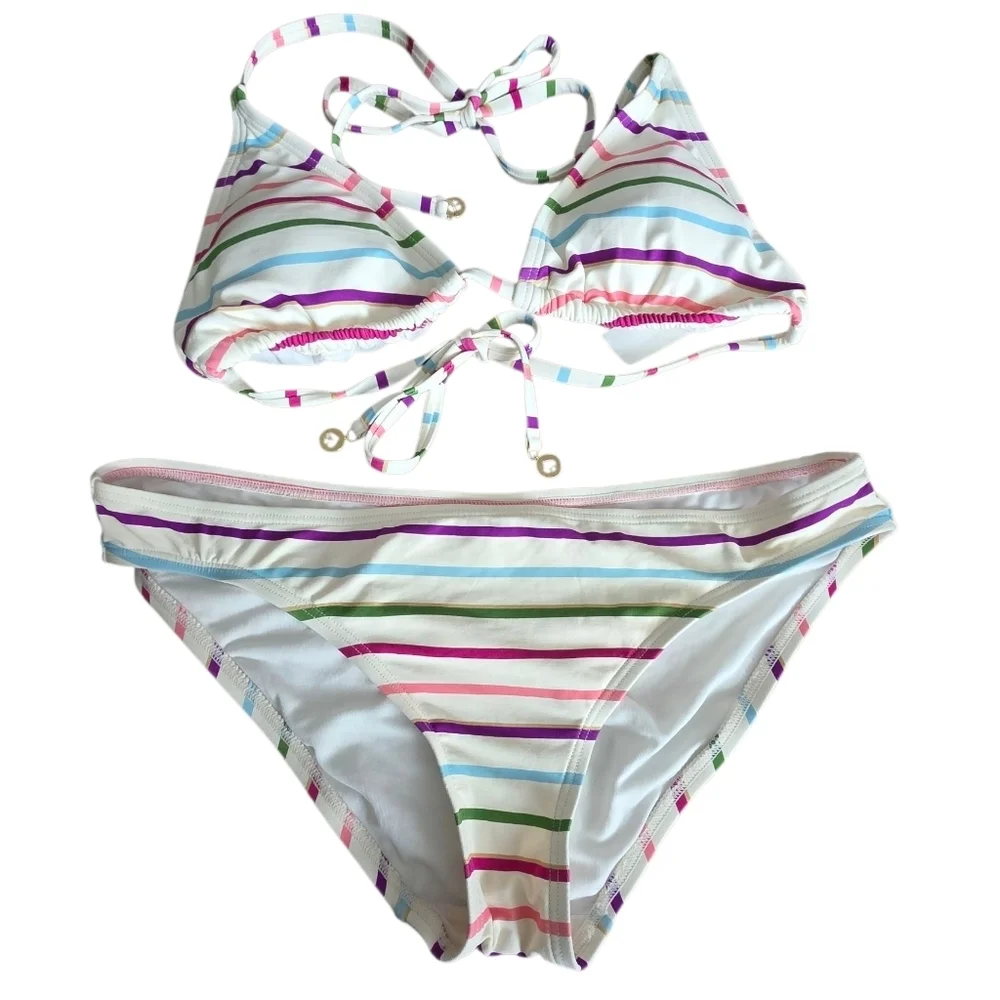 NWT Kate Spade Party Stripe Triangle Bikini Two Piece Swimsuit Sz Large S3A226S